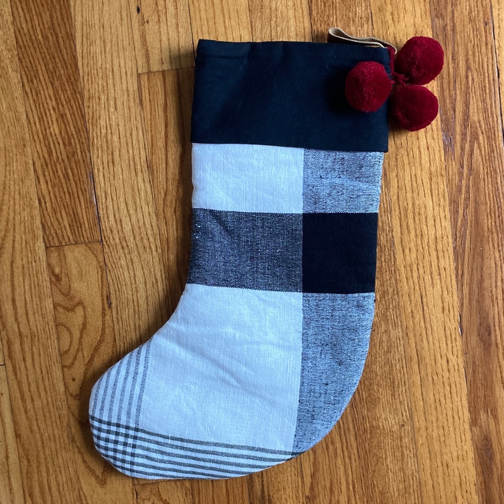 Hearth and Hand Plaid Christmas Stocking with Burgundy Pom Poms